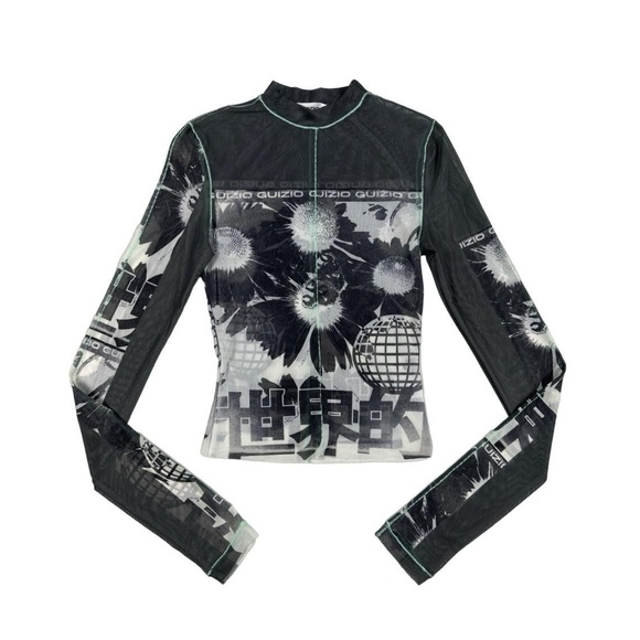 Danielle Guizio Sheer Long Sleeve Graphic Top - Picture 1 of 14